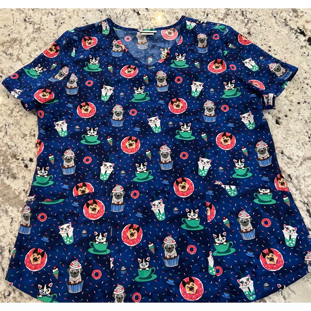 Scrubstar Womens Top Size L‎ G Blue Pug Dog Cat Donut Coffee Print V Neck Scrub